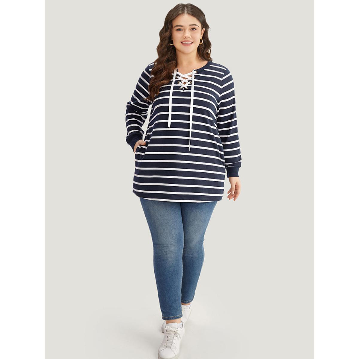 Plus Size Striped Patchwork Pocket Lace Up Sweatshirt Women Indigo Casual Elastic cuffs Notched collar Dailywear Sweatshirts BloomChic 12/L Product Image