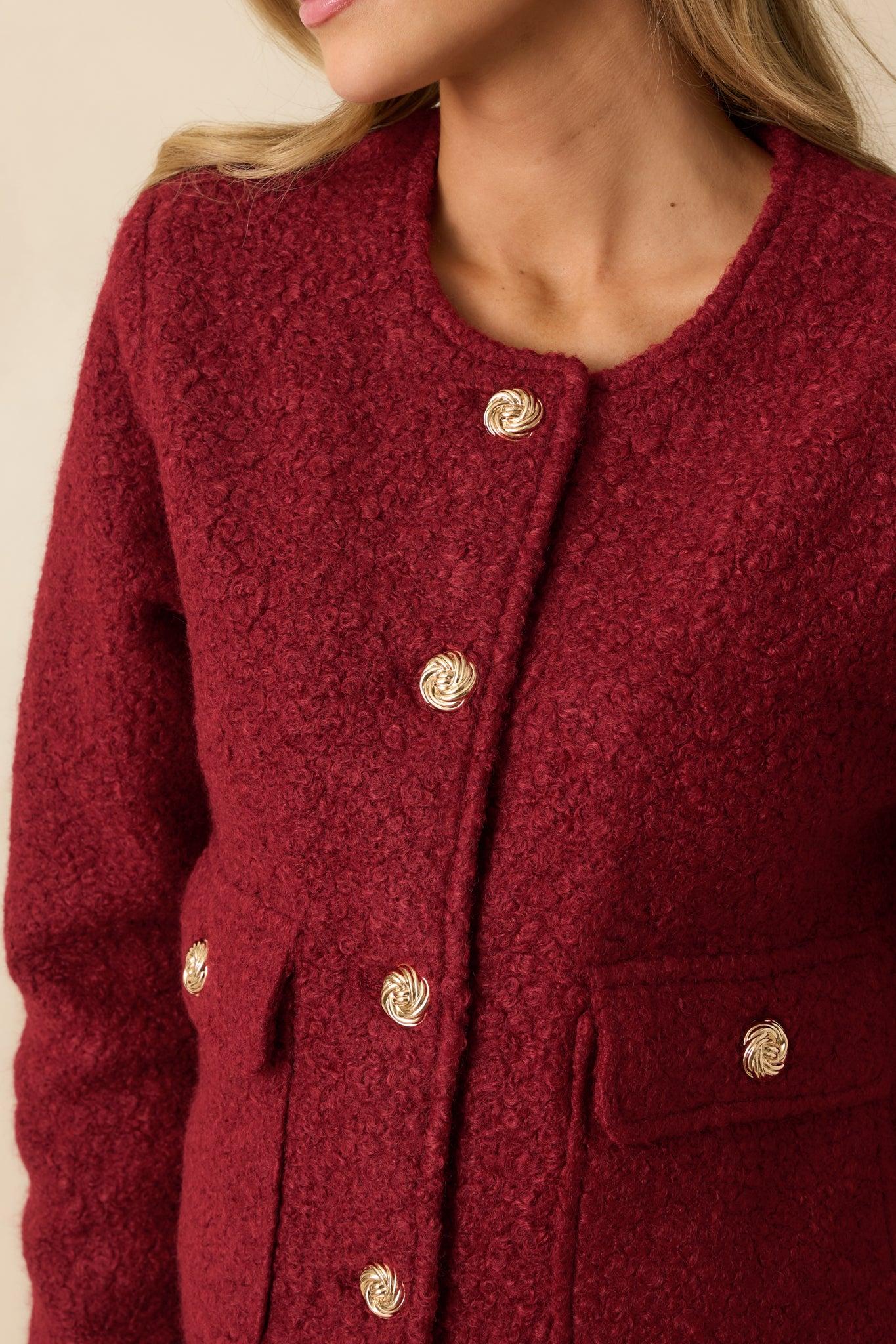 Whispered Warmth Cherry Red Bouclé Button Front Jacket Product Image