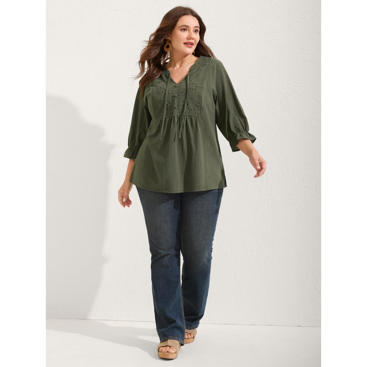 Plus Size ArmyGreen Broderie Anglaise Tie Knot Lantern Sleeve Blouse Women Boho Elbow-length sleeve Notched collar Vacation Blouses BloomChic 28/5X Product Image