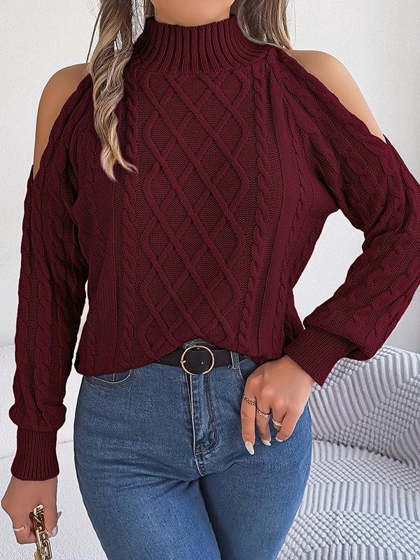 Long Sleeves Loose Hollow Solid Color Cold Shoulder Pullovers Sweater Tops Product Image