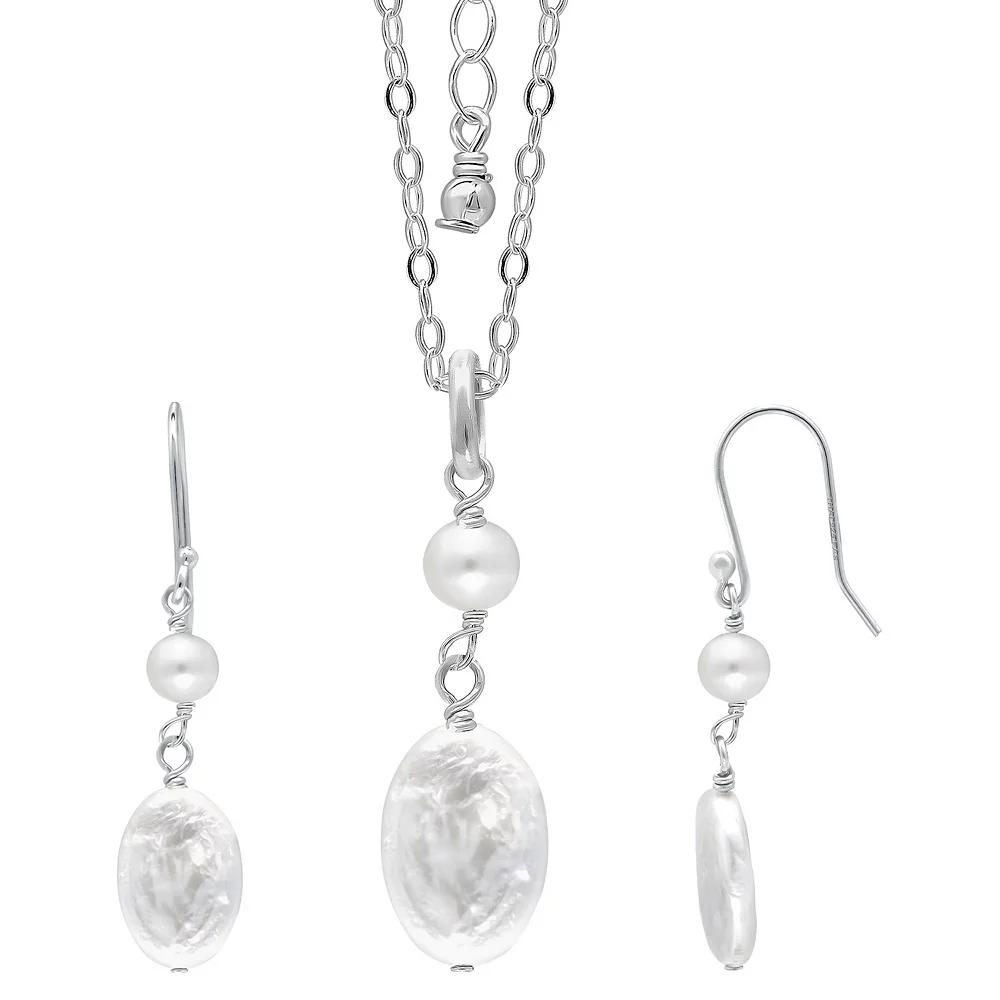 Aleure Precioso Sterling Silver Freshwater Cultured Pearl Bead & Medallion Pendant Necklace & Drop Earrings Set, Women's, Size: 18", Silver Tone White Product Image