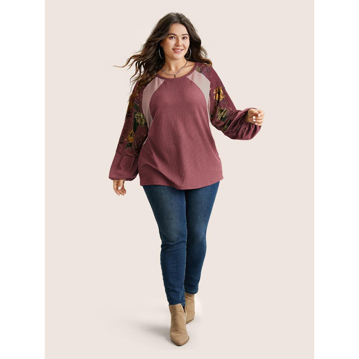 Plus Size Waffle Knit Patchwork Floral Print T-shirt DustyPink Women Casual Velvet Floral Round Neck Everyday T-shirts BloomChic 10/M Product Image