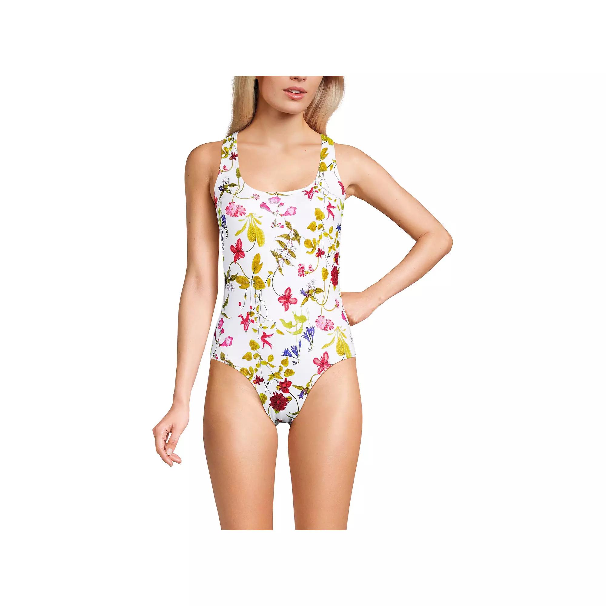 Women's Lands' End Chlorine Resistant Scoop Neck Sporty One-Piece Swimsuit, Size: 8, White Garden Floral Product Image