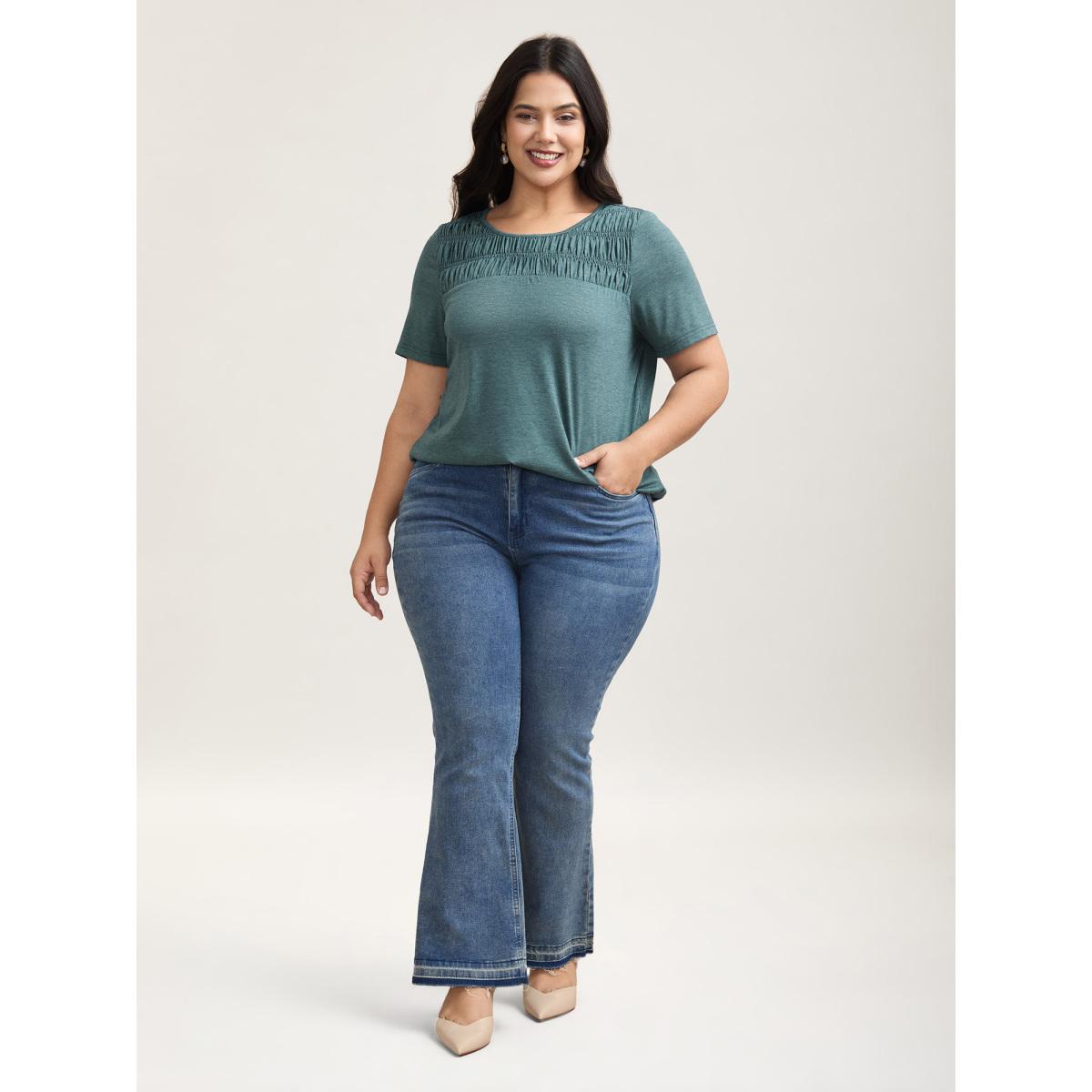 Plus Size Shirred Detail Round Neck T-Shirt Cyan Women Elegant Shirred Round Neck Everyday T-shirts BloomChic 22-24/3X Product Image
