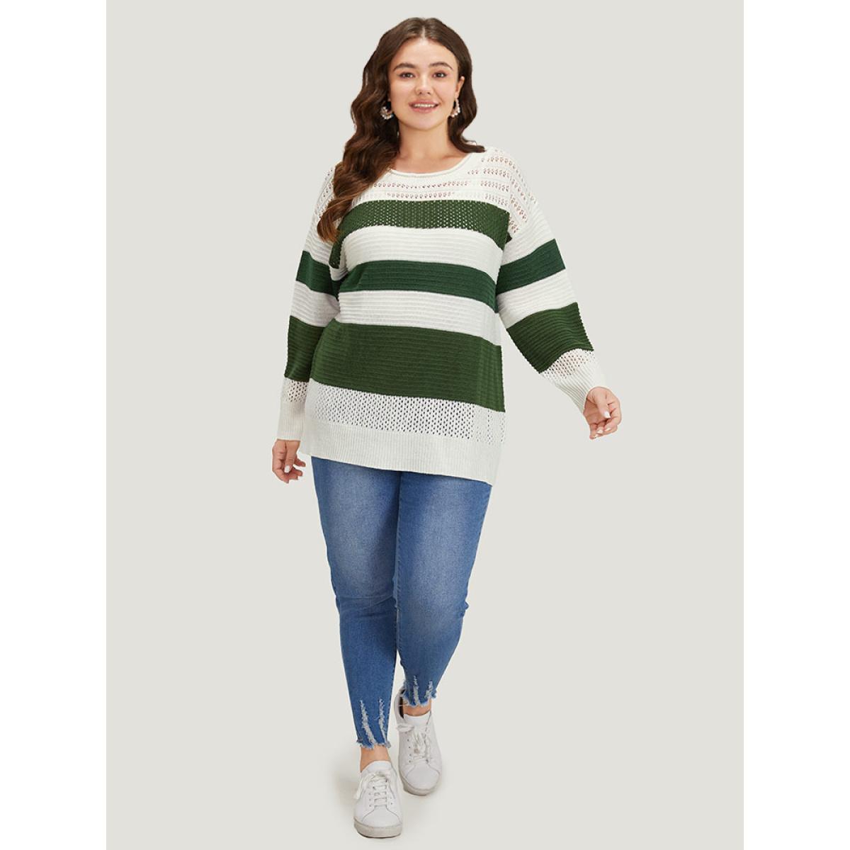 Plus Size Two Tone Colorblock Patchwork Cut Out Pullover Ivory Women Casual Loose Long Sleeve Round Neck Dailywear Pullovers BloomChic 12/L Product Image