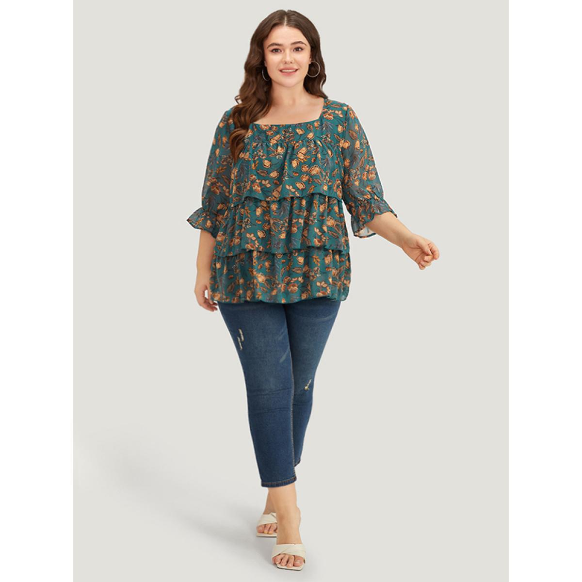 Plus Size Cyan Floral Print Square Neck Layered Ruffle Trim Blouse Women Office Half Sleeve Square Neck Dailywear Blouses BloomChic 12/L Product Image