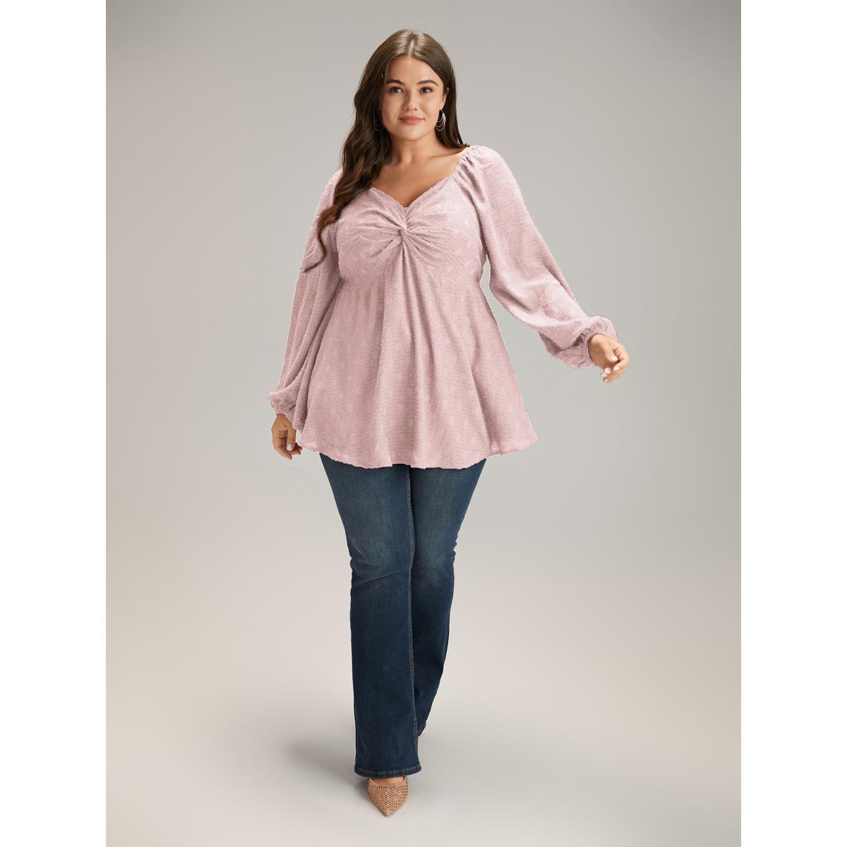 Plus Size DustyPink Solid Glitter Twist Front Gathered Blouse Women Cocktail Long Sleeve V-neck Party Blouses BloomChic 12/L Product Image