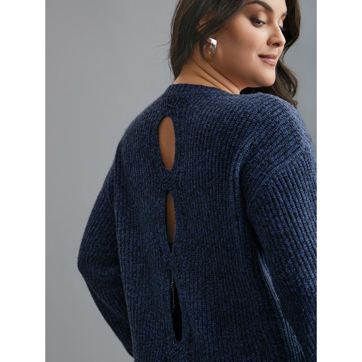 Plus Size Back Cut-Out Textured Drop Shoulder Sleeve Pullover Indigo Women Casual Loose Long Sleeve Round Neck Everyday Pullovers BloomChic 18-20/2X Product Image