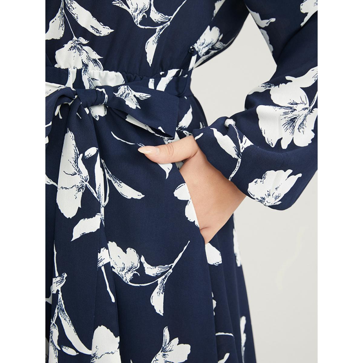Plus Size Floral Pocket Surplice Neck Belted Midi Dress DarkBlue Women Casual Belted V-neck Long Sleeve Curvy Midi Dress BloomChic 30/6X Product Image