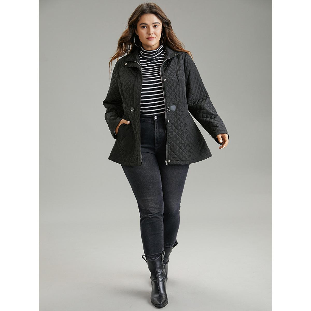 Plus Size Solid Buckle Detail Zipper Quilted Coat Women Black Casual Texture Ladies Everyday Winter Coats BloomChic 18-20/2X Product Image