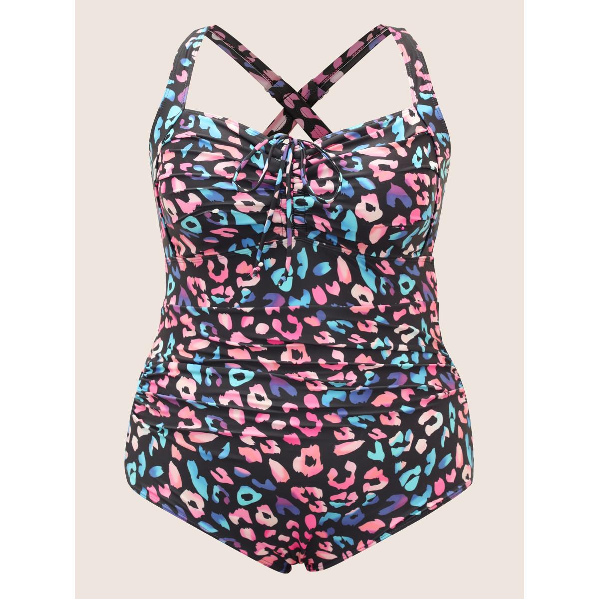 Plus Size Leopard Print Gathered Knotted One Piece Swimsuit Women's Swimwear Multicolor Beach Gathered Curve Bathing Suits High stretch One Pieces BloomChic 22-24/3X Product Image