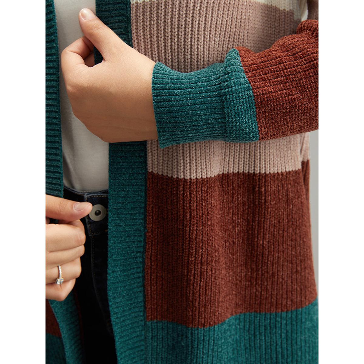 Plus Size Colorblock Contrast Open Front Cardigan Multicolor Women Casual Loose Long Sleeve Festival-Christmas Cardigans BloomChic 28/5X Product Image