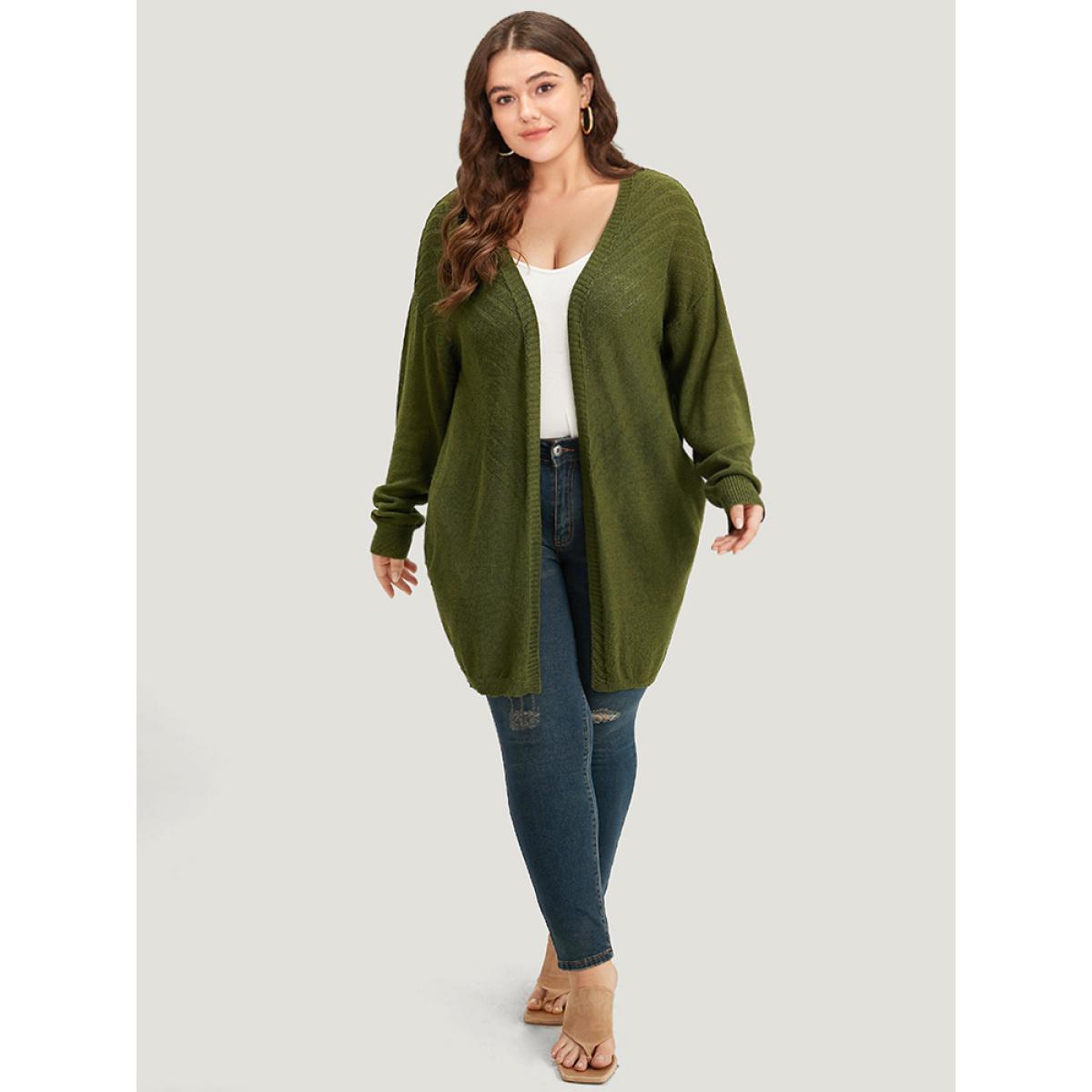Plus Size Plain Pocket Open Front Cardigan ArmyGreen Women Casual Loose Long Sleeve Dailywear Cardigans BloomChic 28/5X Product Image