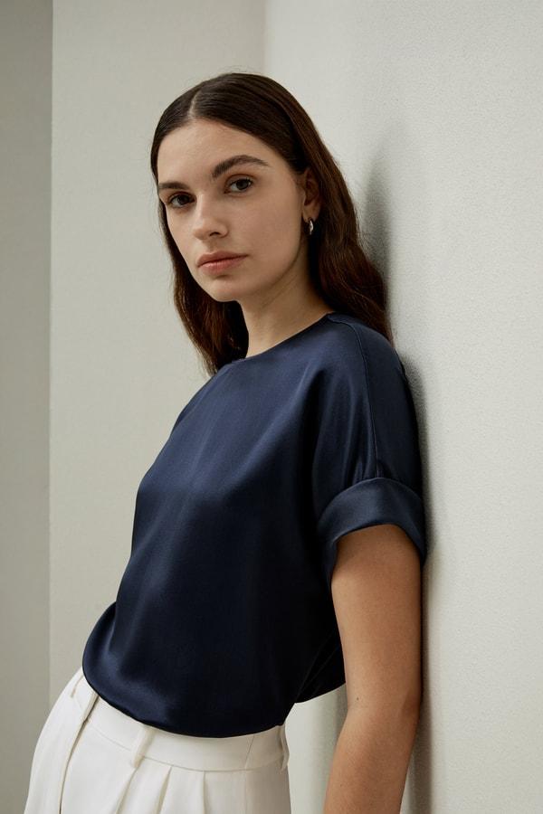 LILYSILK T Shirt Silk - Womens - Navy Blue 100 Silk - Organic Oversized Tops XS Product Image
