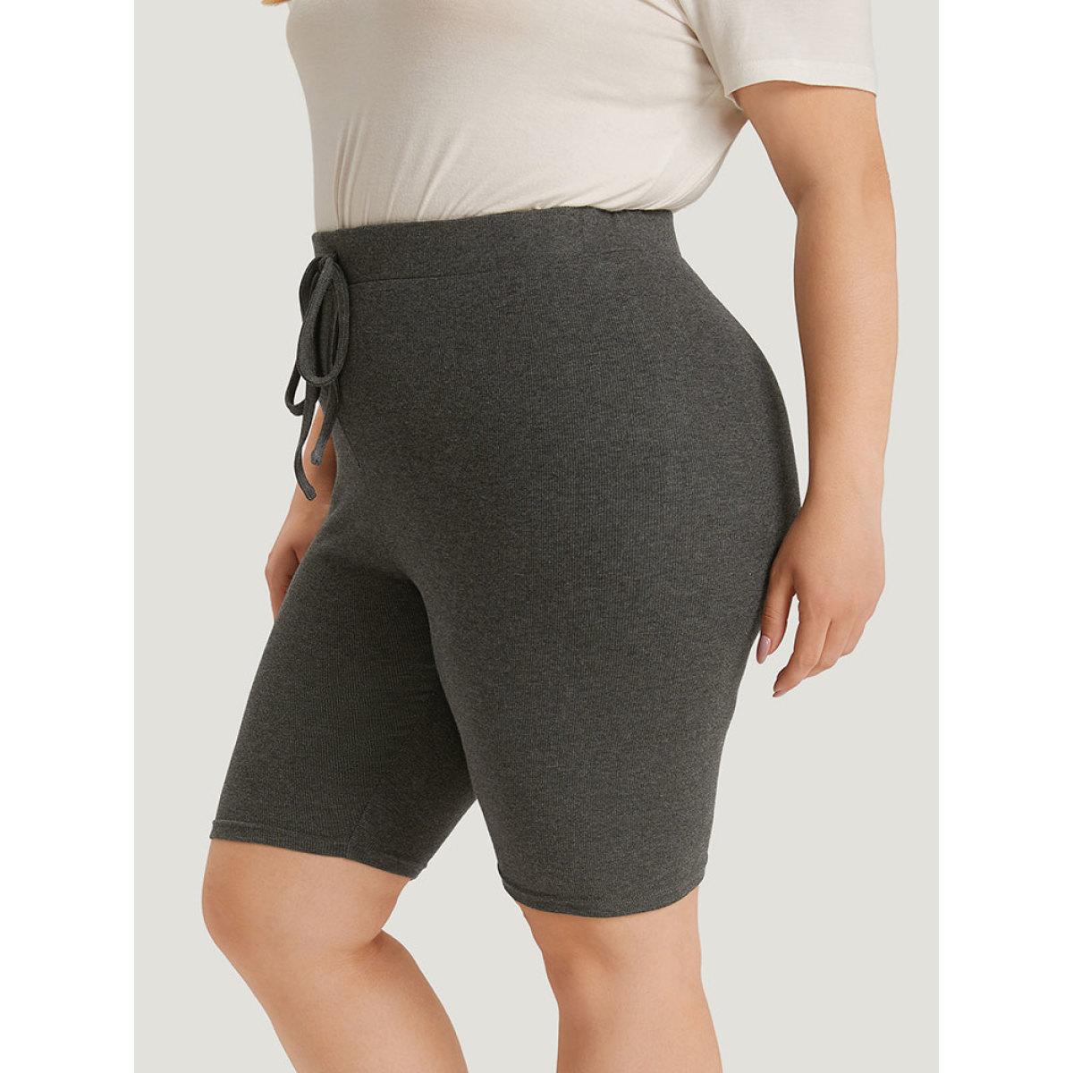 Plus Size Plain Ties Elastic Waist Skinny Leggings Women DimGray Casual High stretch Skinny High Rise Dailywear Leggings BloomChic 18-20/2X Product Image