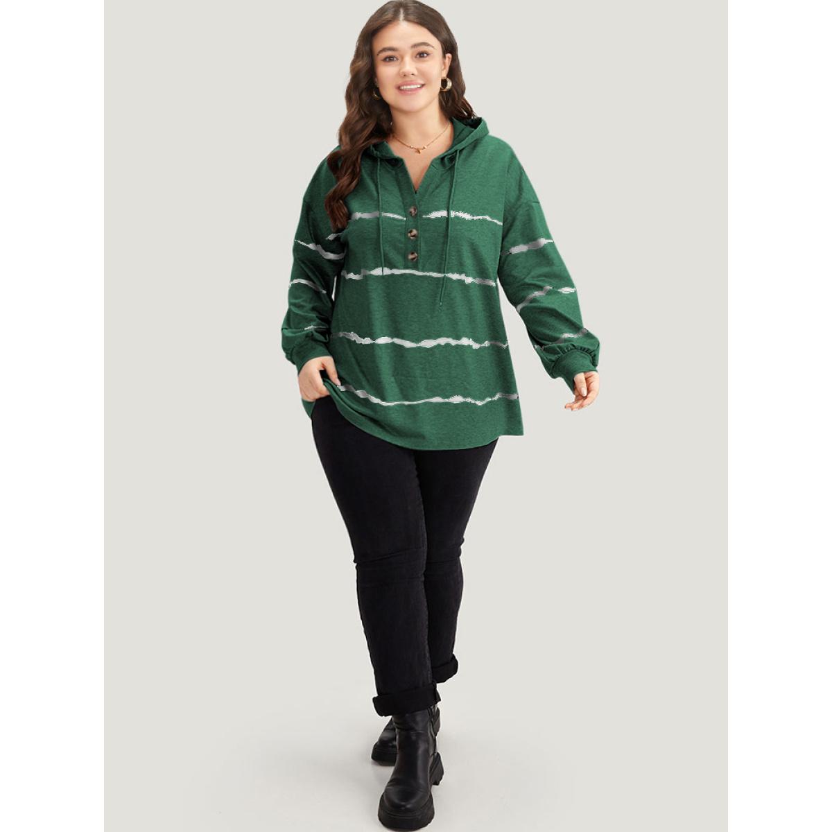 Plus Size Striped Drawstring Hooded Button Up Sweatshirt Women Green Casual Elastic cuffs Hooded Dailywear Sweatshirts BloomChic 10/M Product Image