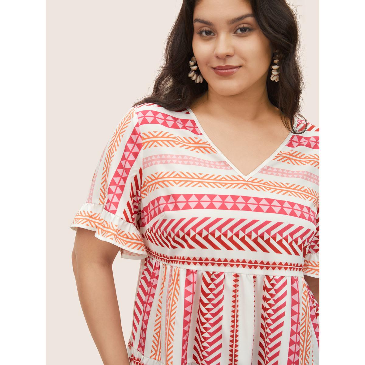 Plus Size White V Neck Geometric Patchwork Ruffles Blouse Women Resort Half Sleeve V-neck Vacation Blouses BloomChic 12/L Product Image