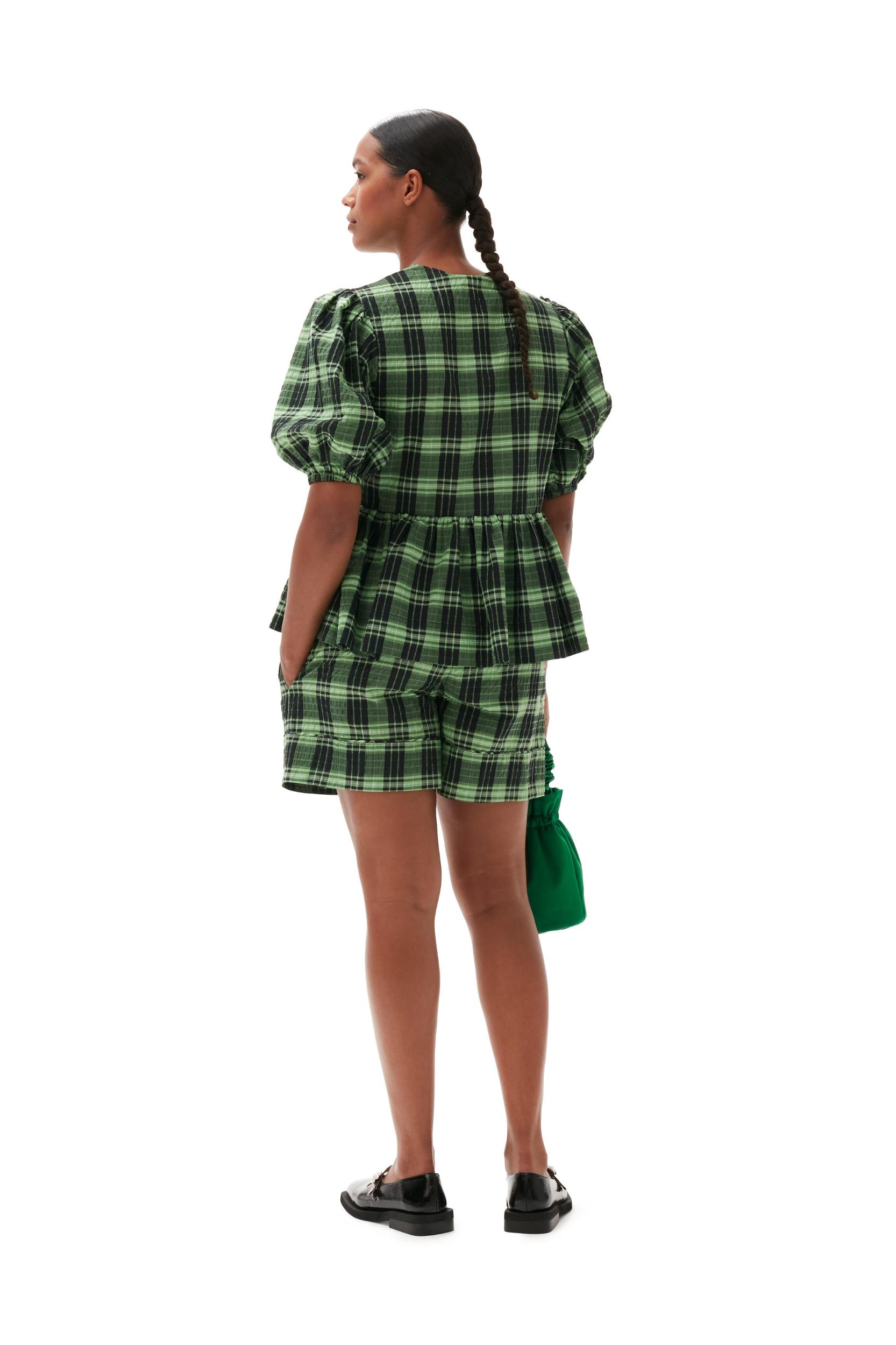 Green Seersucker Check Wrap Blouse Product Image