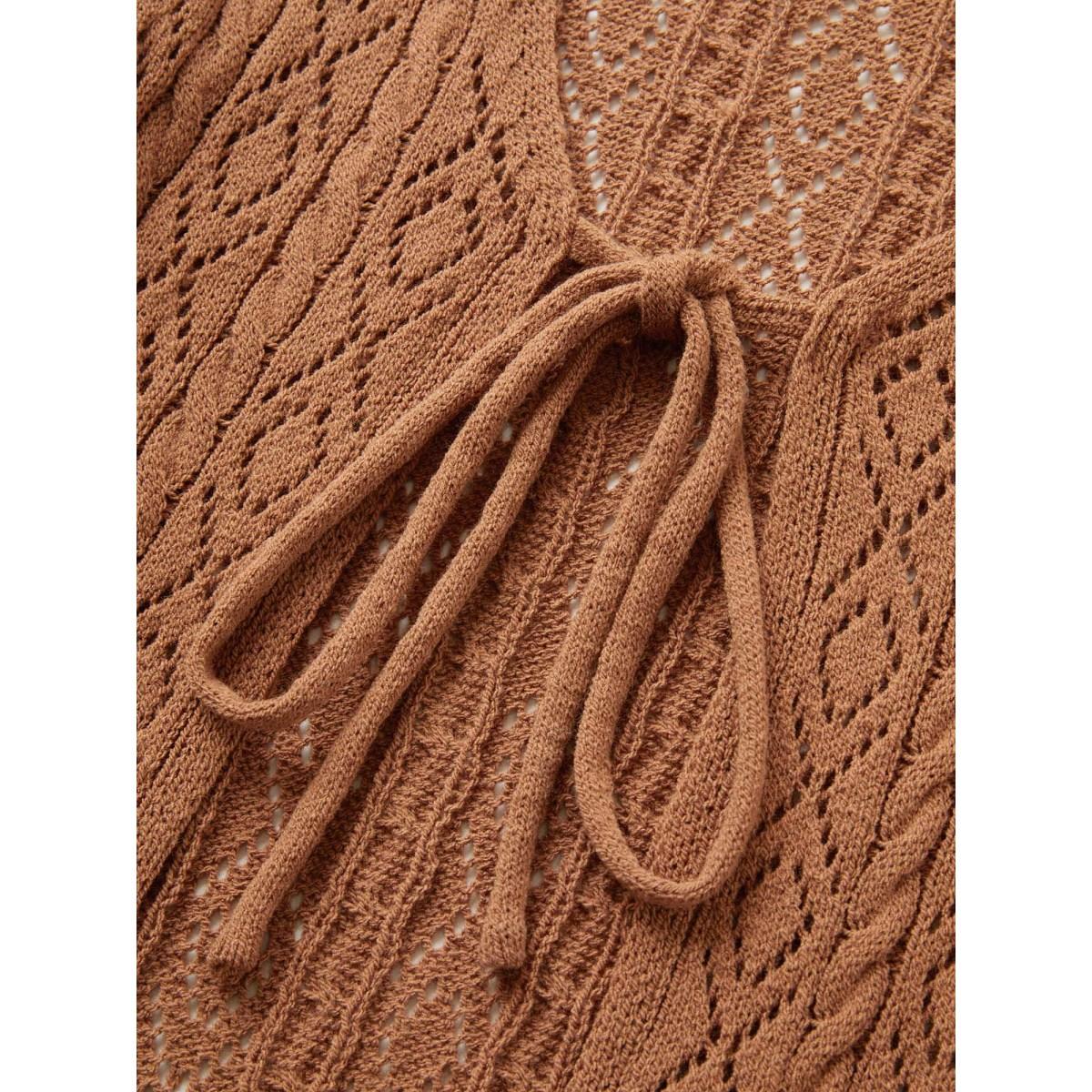 Plus Size Plain Ties Arc Hem Hollow Out Cardigan Chocolate Women Elegant Long Sleeve Everyday Cardigans BloomChic 12/L Product Image