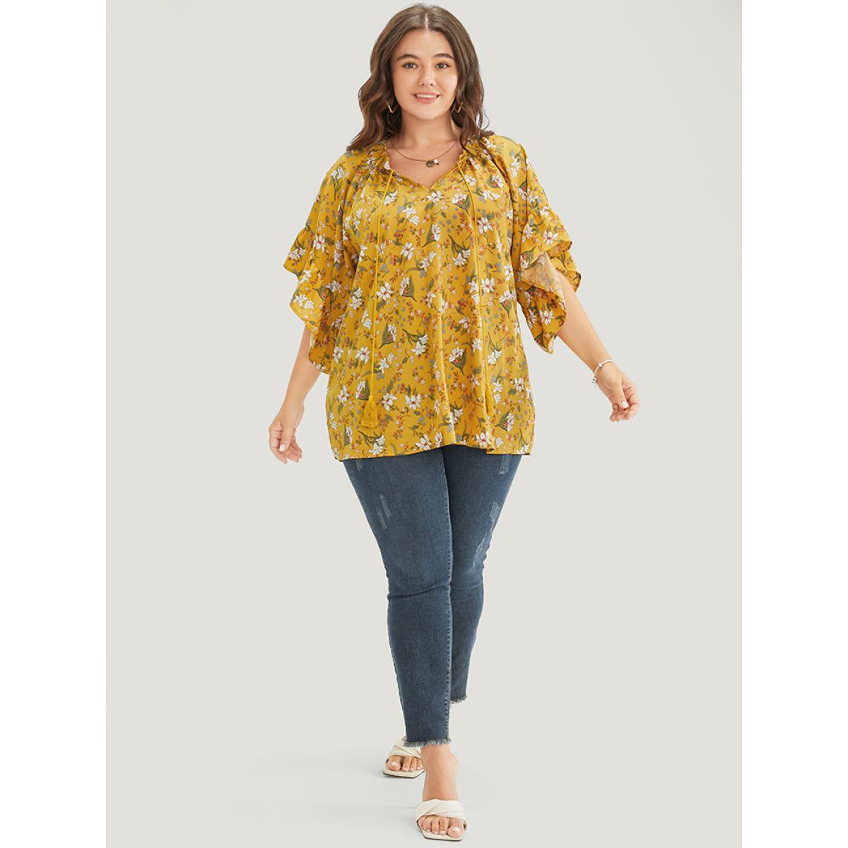 Plus Size Yellow Floral Tie Neck Tassels Frill Trim Ruffle Sleeve Blouse Women Elegant Short sleeve V-neck Dailywear Blouses BloomChic 14-16/1X Product Image
