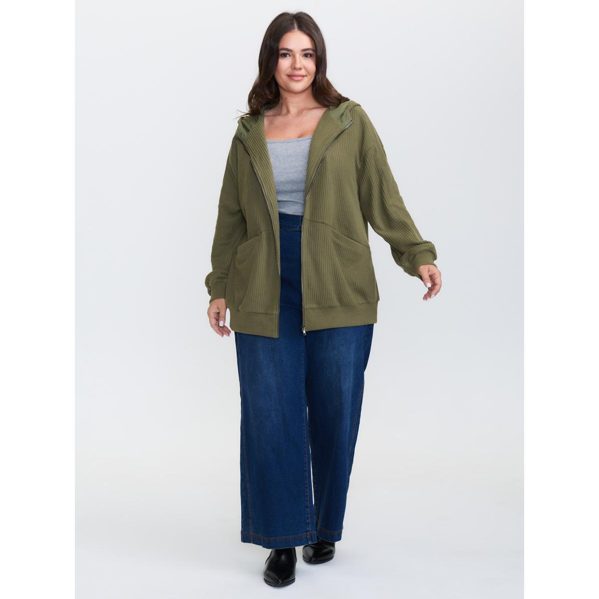 Plus Size Ribbed Texture Pockets Hooded Coat Women ArmyGreen Leisure Texture Ladies Casual Winter Coats BloomChic 14-16/1X Product Image