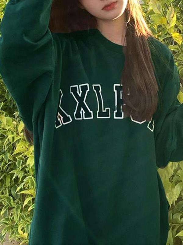 Vintage Green Letter Print Baggy Sweatshirt Product Image
