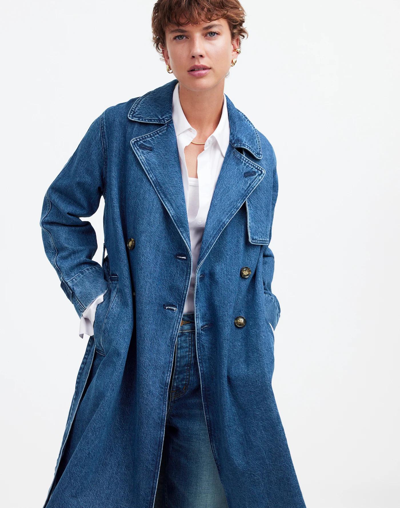 Denim Double-Breasted Crop Trench Coat in Ravenwood Wash Product Image