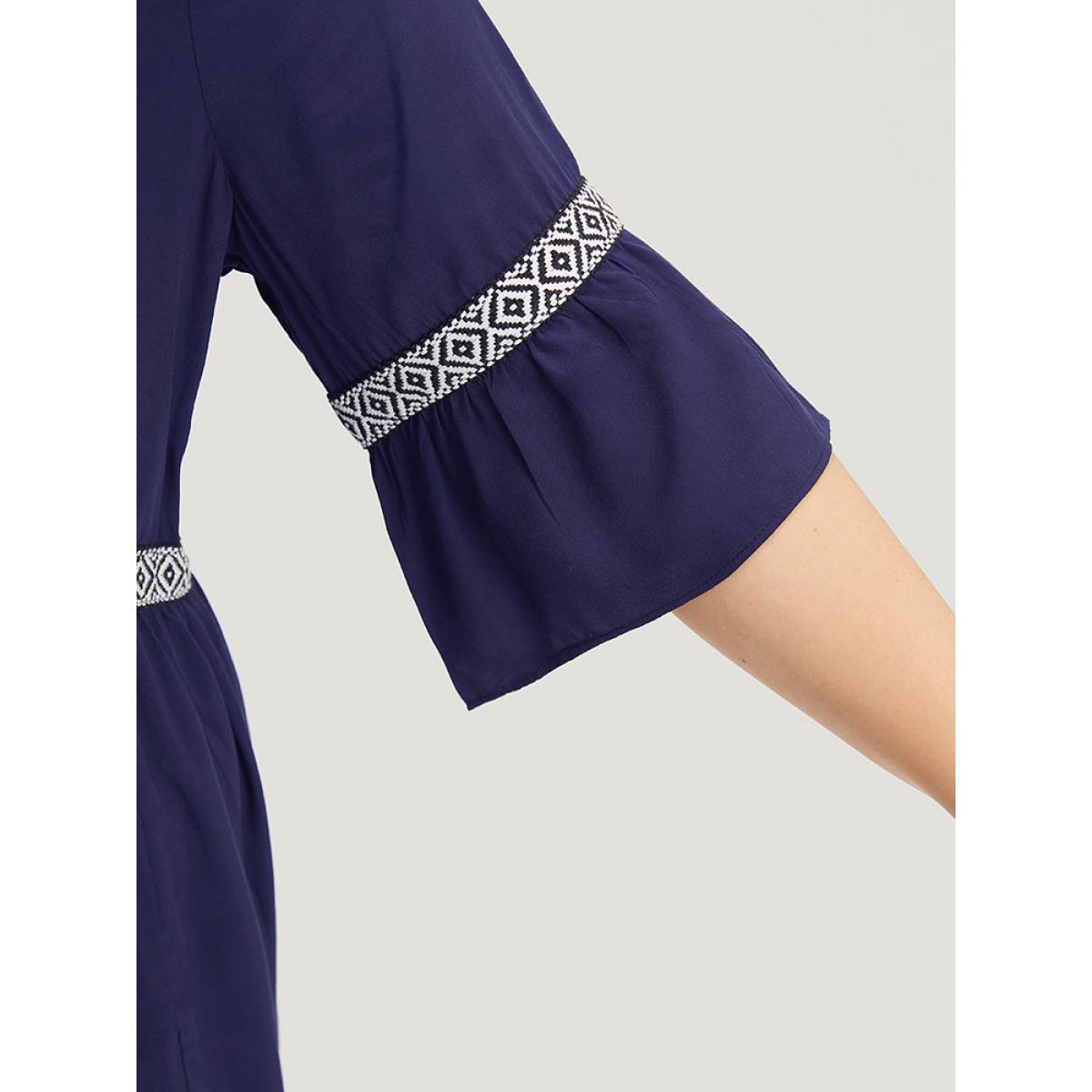 Plus Size Geometric Trim Notched Bell Sleeve Dress DarkBlue Women Vacation Pleated Notched collar Half Sleeve Curvy Midi Dress BloomChic 14-16/1X Product Image