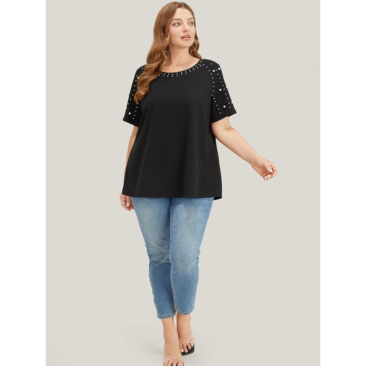 Plus Size Solid Raglan Sleeve Pearl Beaded T-shirt Black Women Elegant Beaded Plain Round Neck Dailywear T-shirts BloomChic 12/L Product Image