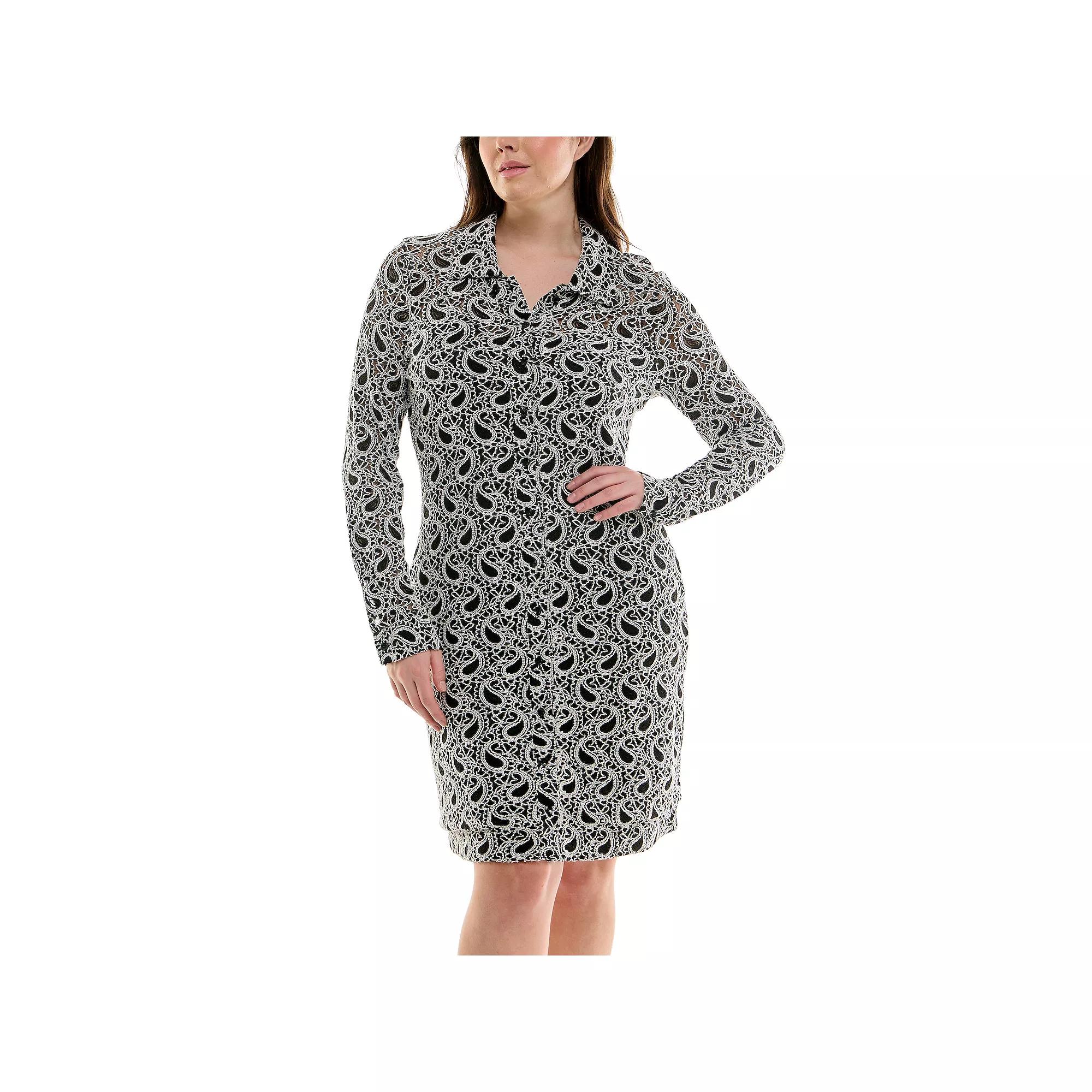 Women's Nicole Miller Slit Cuff Paisley Knit Shirtdress, Size: 12, Ivory Black Product Image