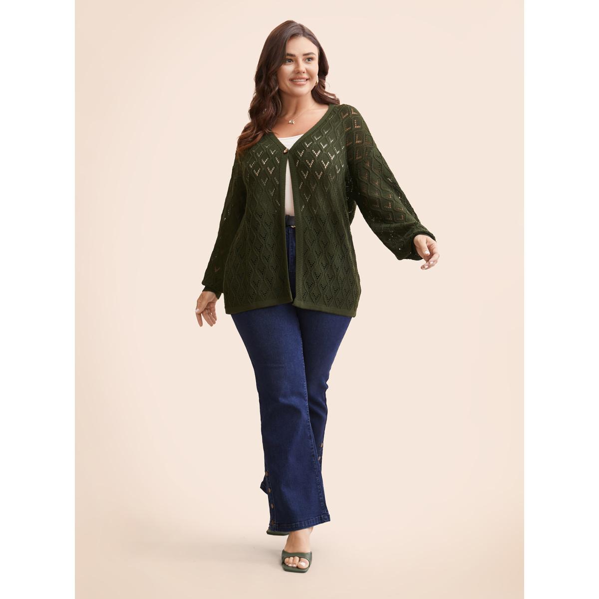 Plus Size Texture Button Up Hollow Out Cardigan ArmyGreen Women Casual Loose Three Quater Length Sleeve Everyday Cardigans BloomChic 12/L Product Image