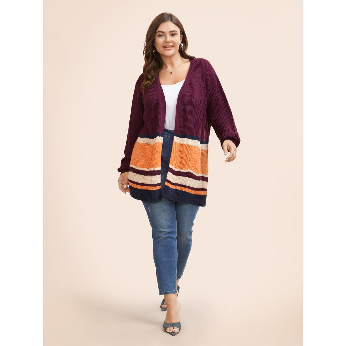 Plus Size Colorblock Contrast Patched Pocket Open Front Cardigan Plum Women Casual Loose Long Sleeve Everyday Cardigans BloomChic 28/5X Product Image