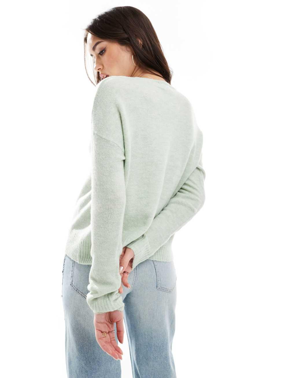 JDY v neck long sleeve knit sweater in light green Product Image