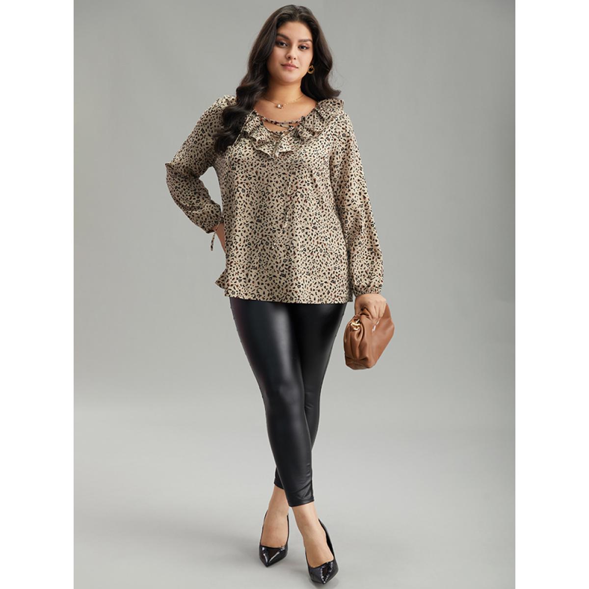Plus Size Apricot Leopard Print Ties Flutter Trim Blouse Women Office Long Sleeve V-neck Work Blouses BloomChic 10/M Product Image