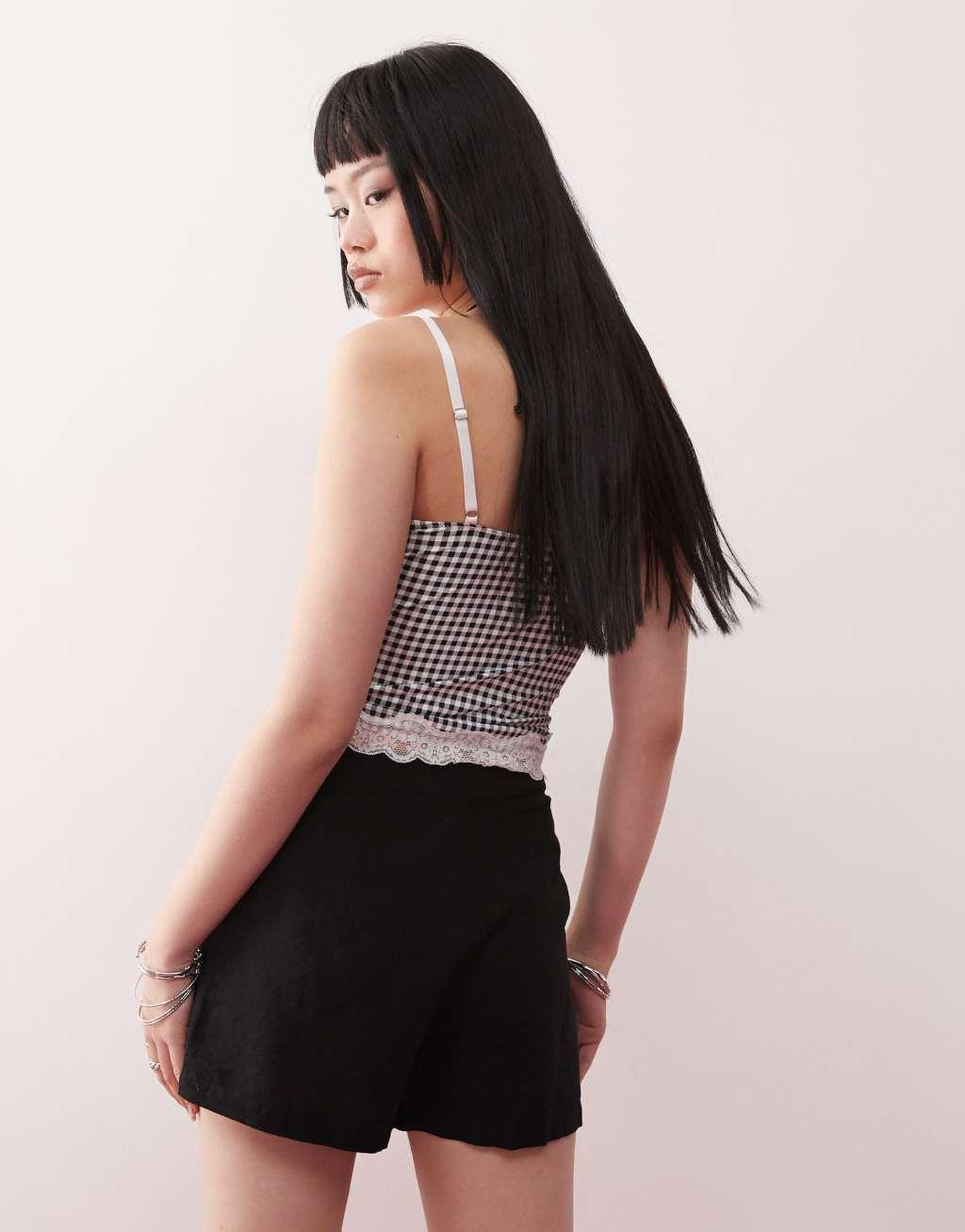 Monki linen wrap skort with tie detail in black exclusive to ASOS Product Image