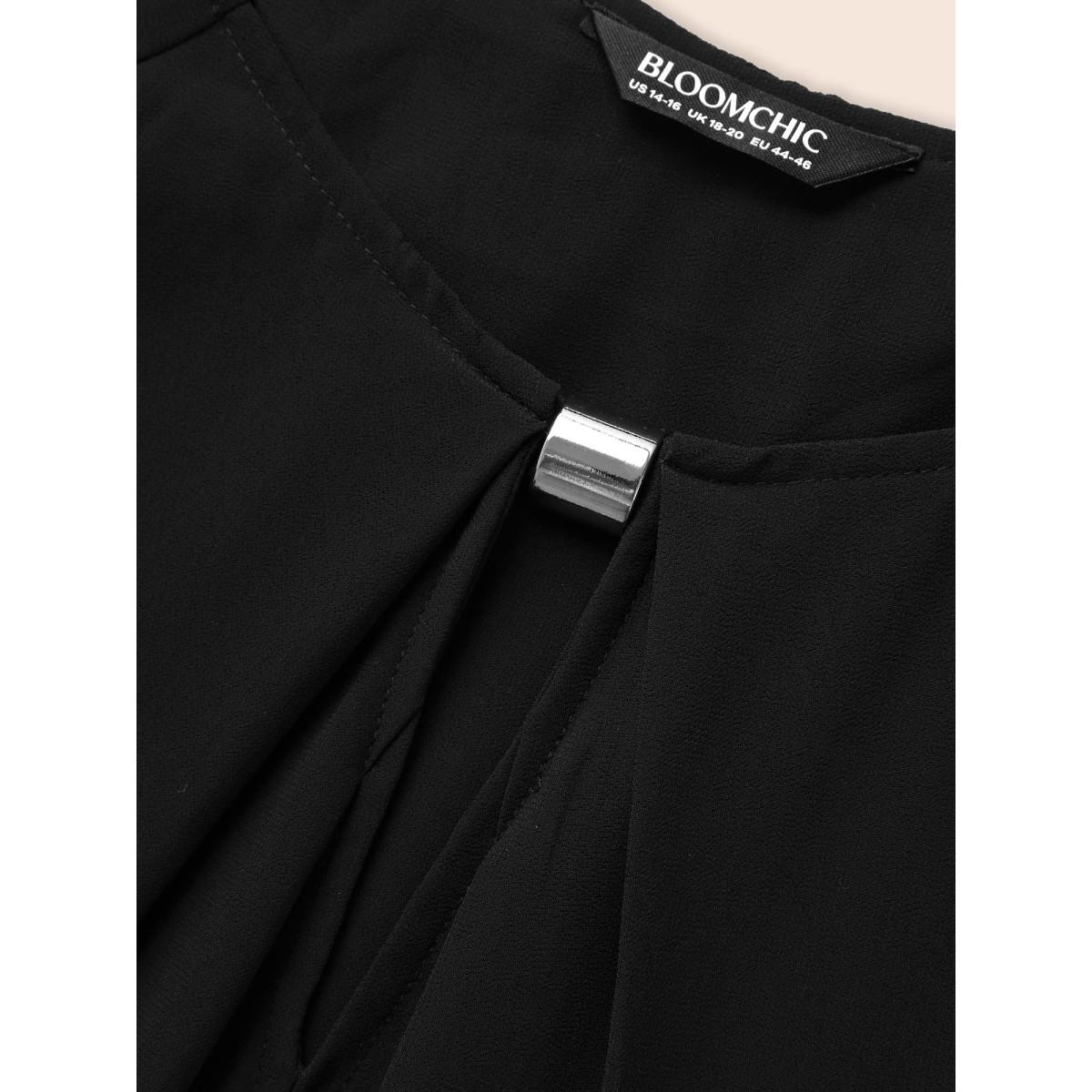 Plus Size Black Keyhole Metal Detail Gathered Blouse Women Elegant Long Sleeve Asymmetrical Neck Everyday Blouses BloomChic 18-20/2X Product Image