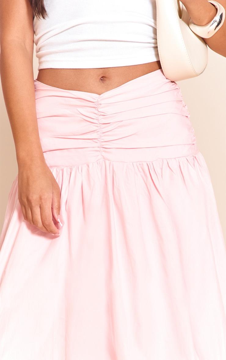Pink Cotton Poplin Ruched Dropped Waist Maxi Skirt Product Image