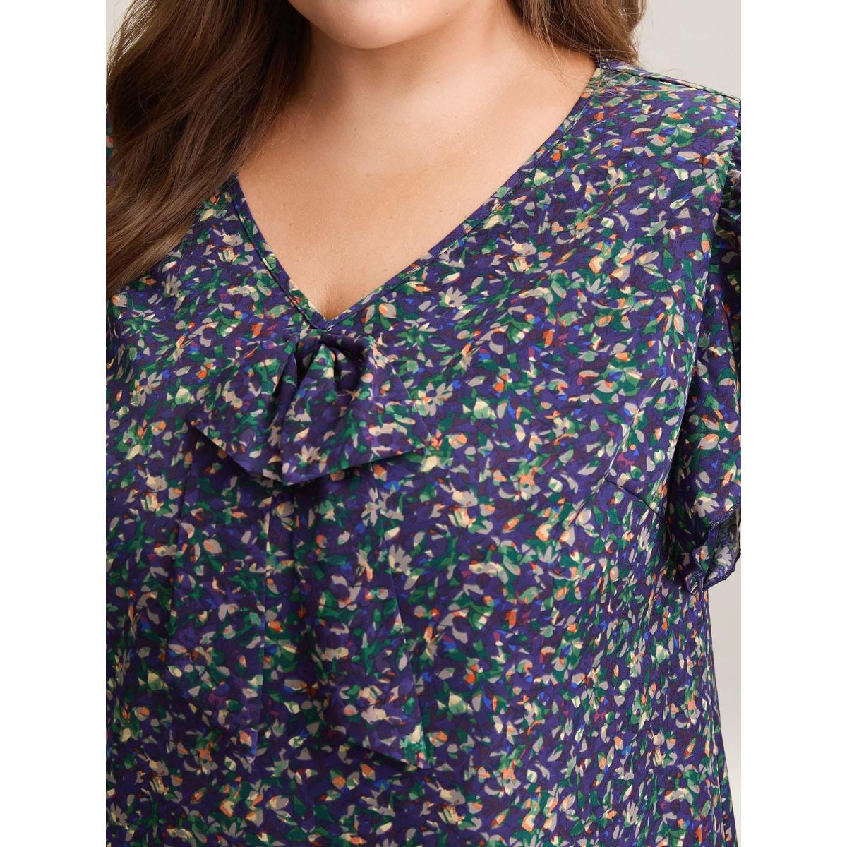 Plus Size DarkBlue Ditsy Floral Print Asymmetrical Ruffled Sleeve Blouse Women Elegant Cap Sleeve V-neck Everyday Blouses BloomChic 18-20/2X Product Image