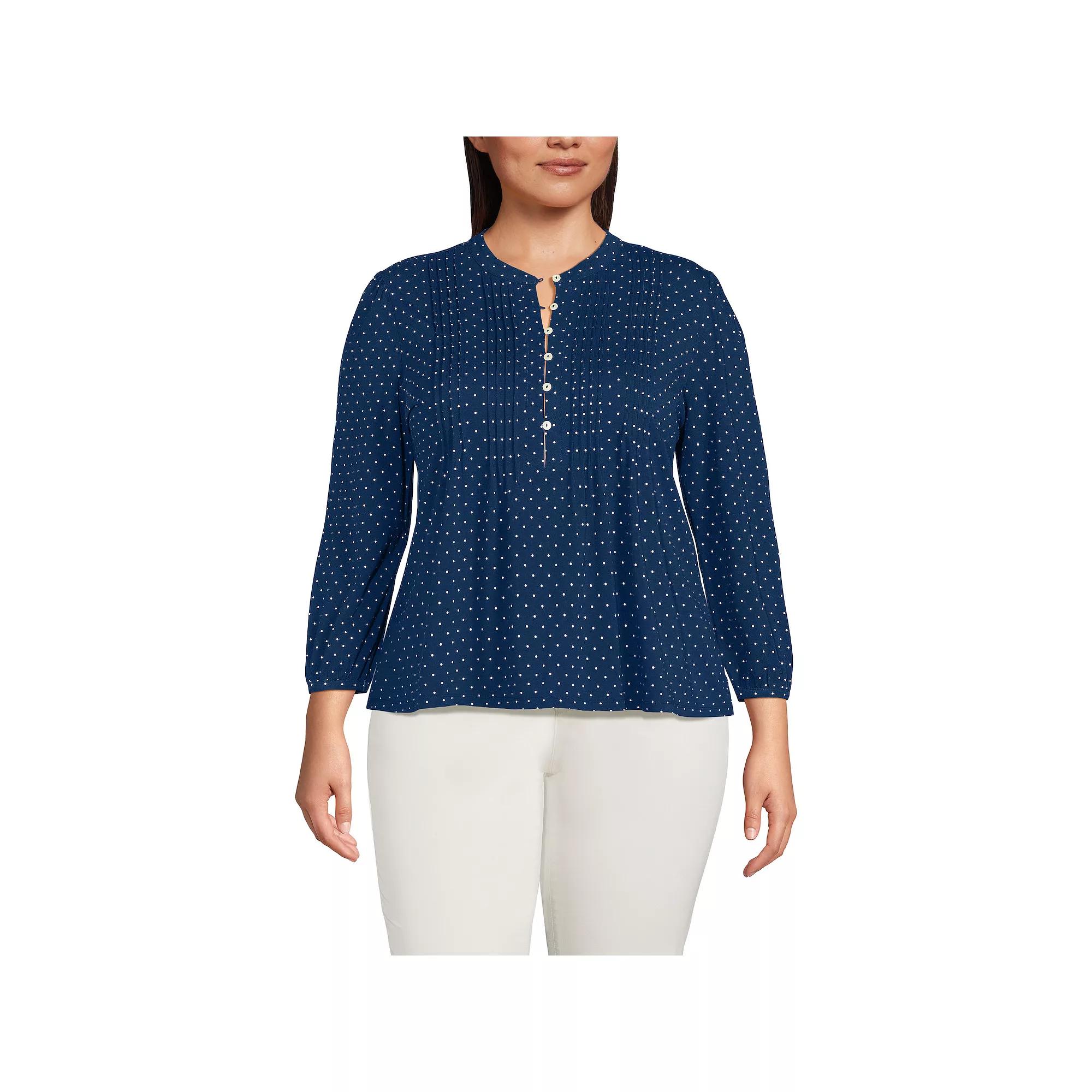 Plus Size Lands' End Lightweight Jersey Button Pintuck Top, Women's, Size: 1XL, Blue Pin Dot Product Image