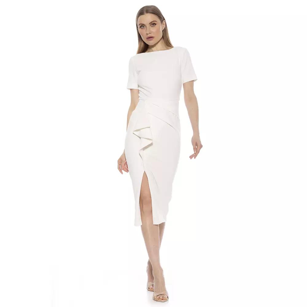 Women's ALEXIA ADMOR Zayd Boatneck Midi Sheath Dress With Front Ruffle,  Product Image
