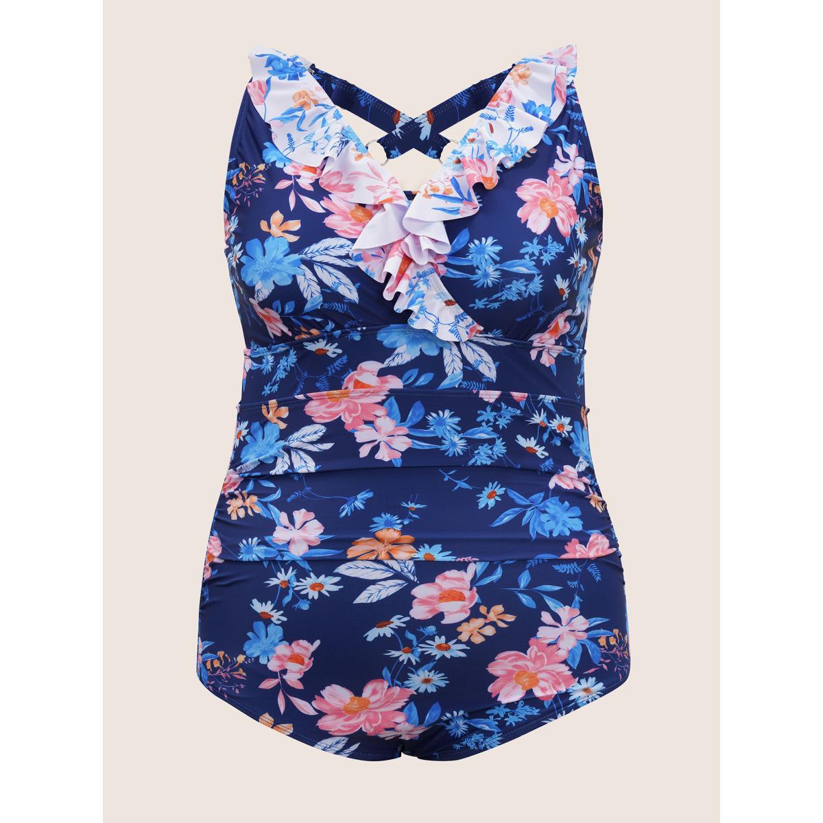 Plus Size Floral Ruffle Trim Adjustable Straps One Piece Swimsuit Women's Swimwear Indigo Beach Non Curve Bathing Suits High stretch One Pieces BloomChic 28/5X Product Image