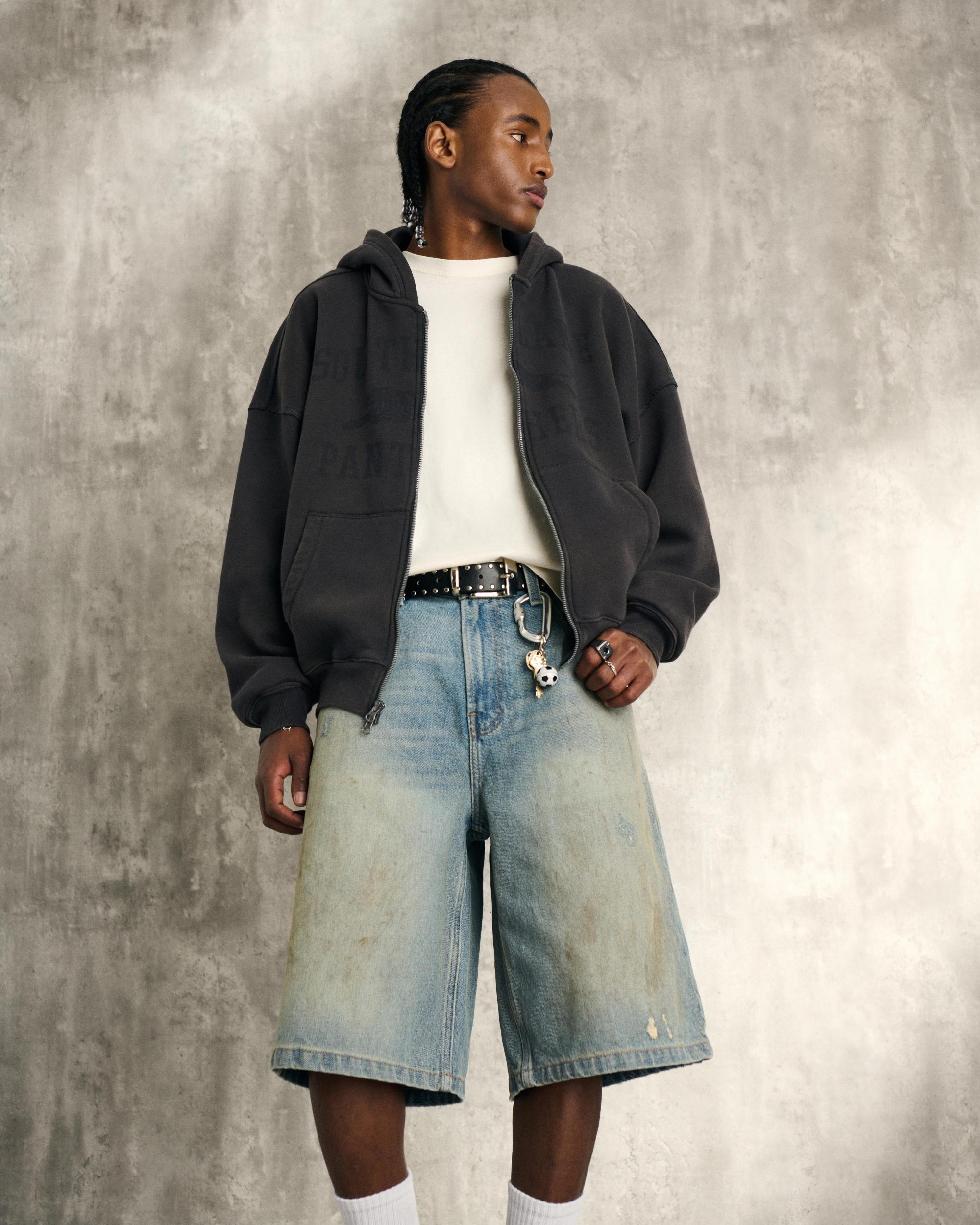 Below-the-Knee Washed Black Super Baggy Denim Shorts Product Image