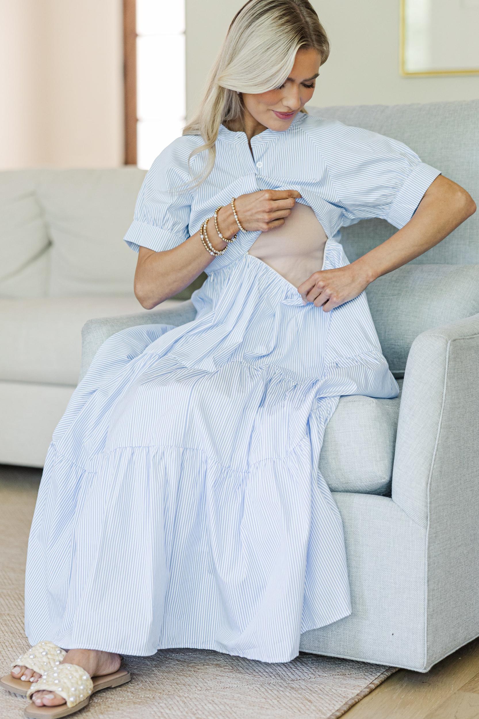 NURSING COLLECTION: Clear Skies Ahead Blue Striped Midi Dress Female Product Image