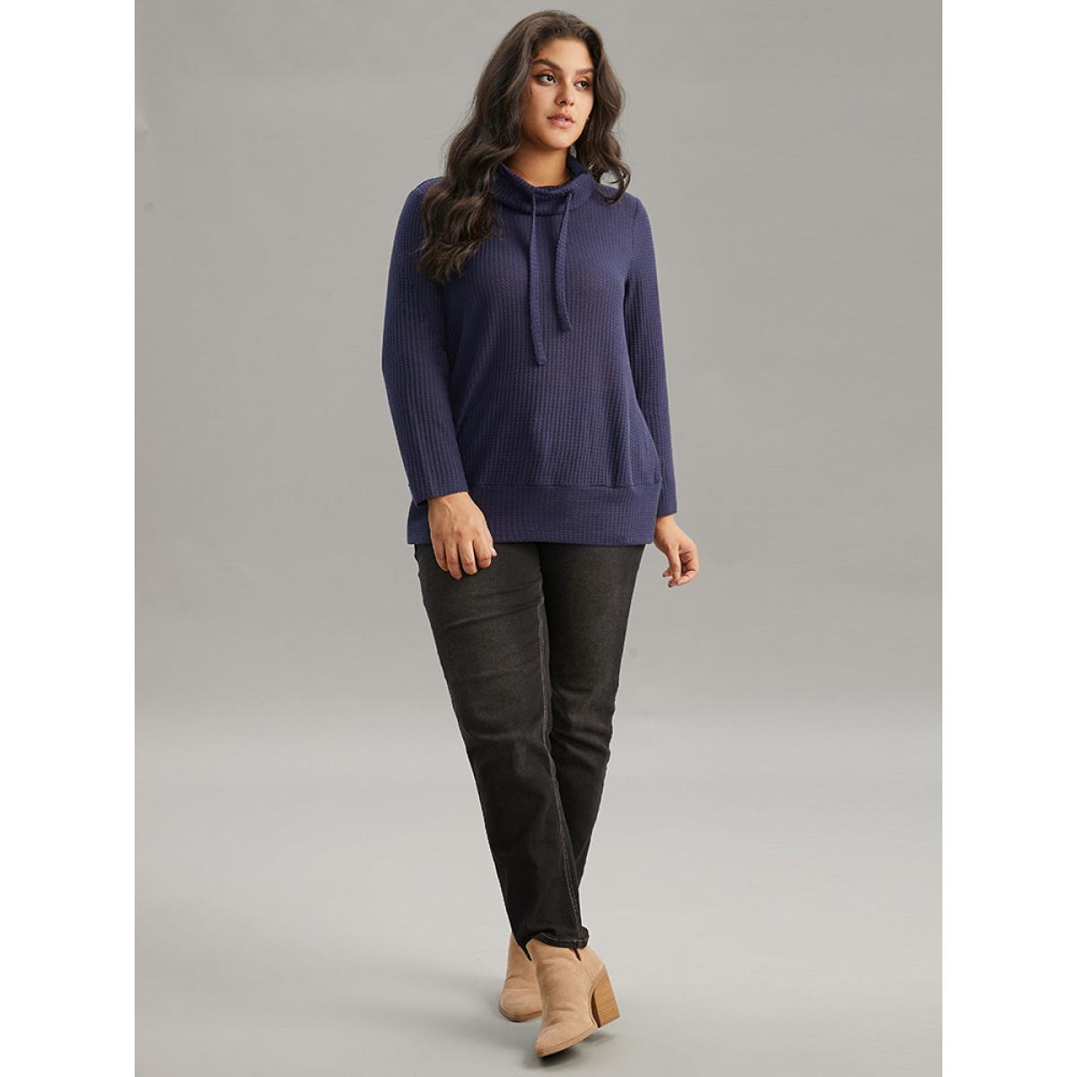 Plus Size Solid Funnel Neck Waffle Knit Drawstring T-shirt Indigo Women Elegant Waffle Knit Plain Turtleneck Dailywear T-shirts BloomChic 18-20/2X Product Image