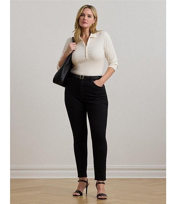 Lauren Ralph Lauren Plus Size Ribbed Knit Collar 3/4 Sleeve Polo Shirt Product Image