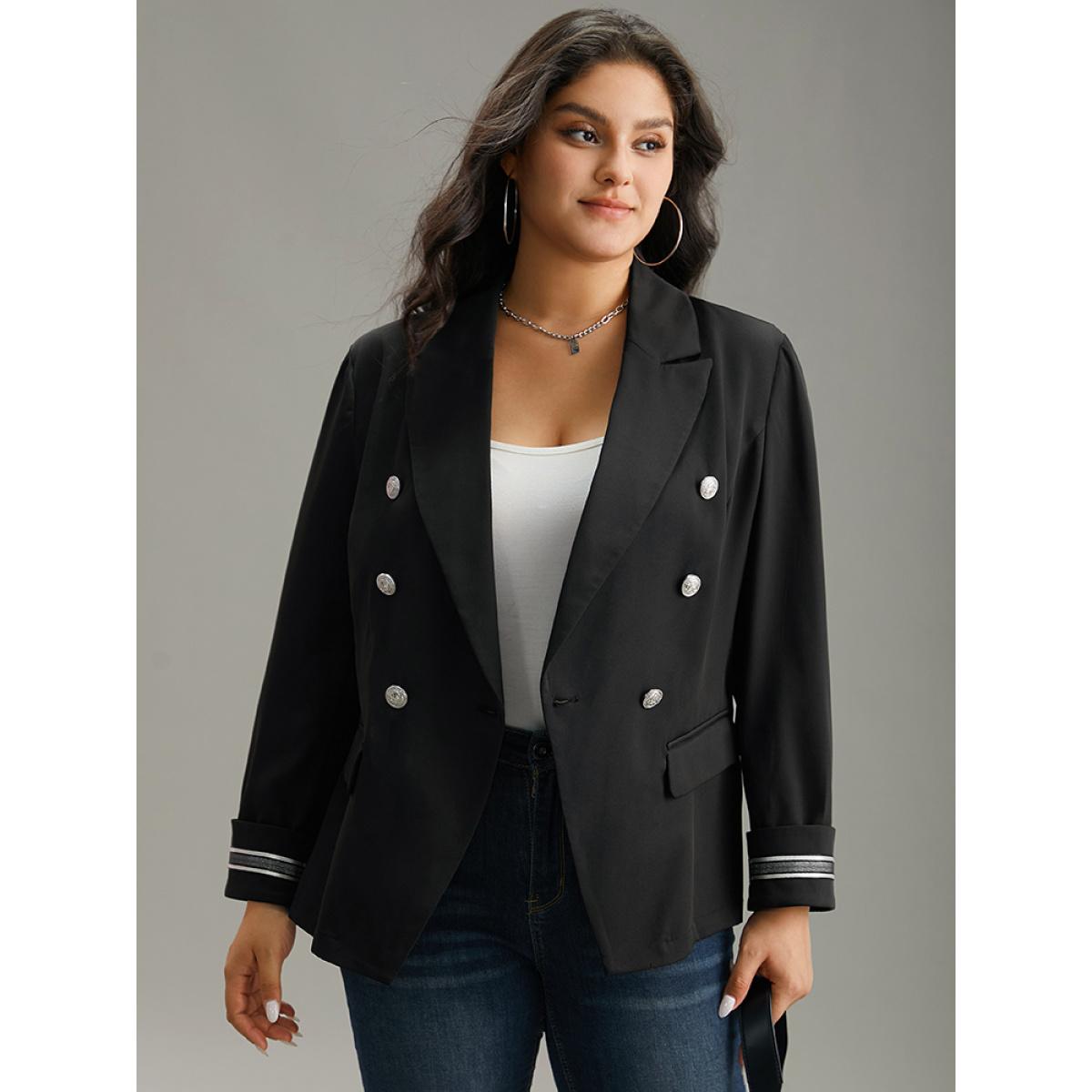 Plus Size Suit Collar Metal Detail Patchwork Blazer Black Women Office Plain Patchwork Sleeve Long Sleeve Suit Collar 26/4X Office Blazers BloomChic Product Image