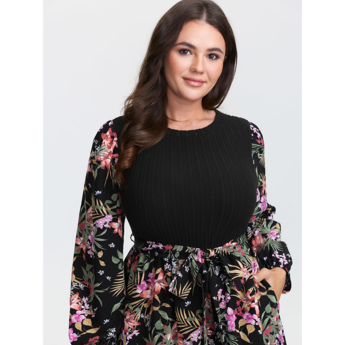 Plus Size Floral Print Color Contrast Midi Dress Black Women Timeless Texture Round Neck Long Sleeve Curvy BloomChic 22-24/3X Product Image