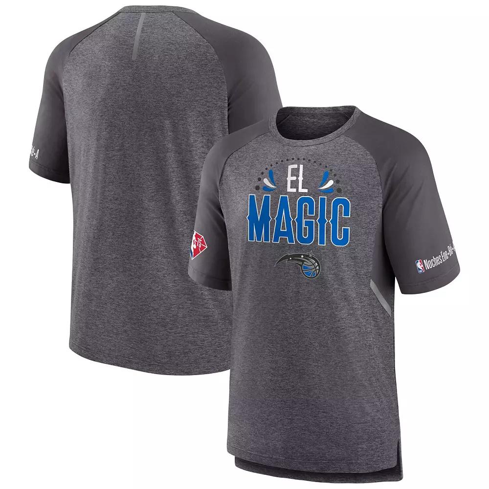 Men's Fanatics Branded Heathered Gray Orlando Magic 2022 Noches Ene-Be-A Core Shooting Raglan T-Shirt, Size: Medium, Mag Grey Product Image