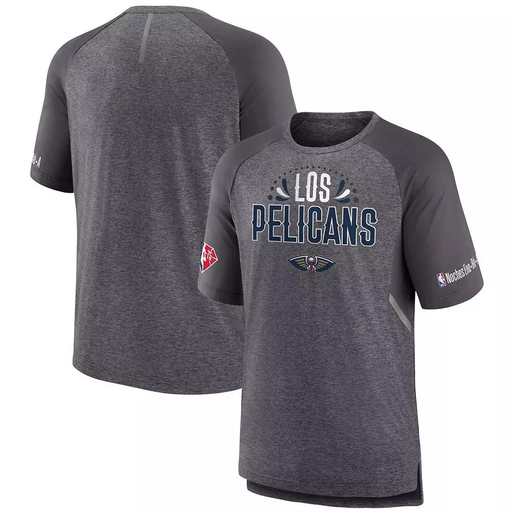 Men's Fanatics Branded Heathered Gray Portland Trail Blazers 2022 Noches Ene-Be-A Core Shooting Raglan T-Shirt,  Product Image