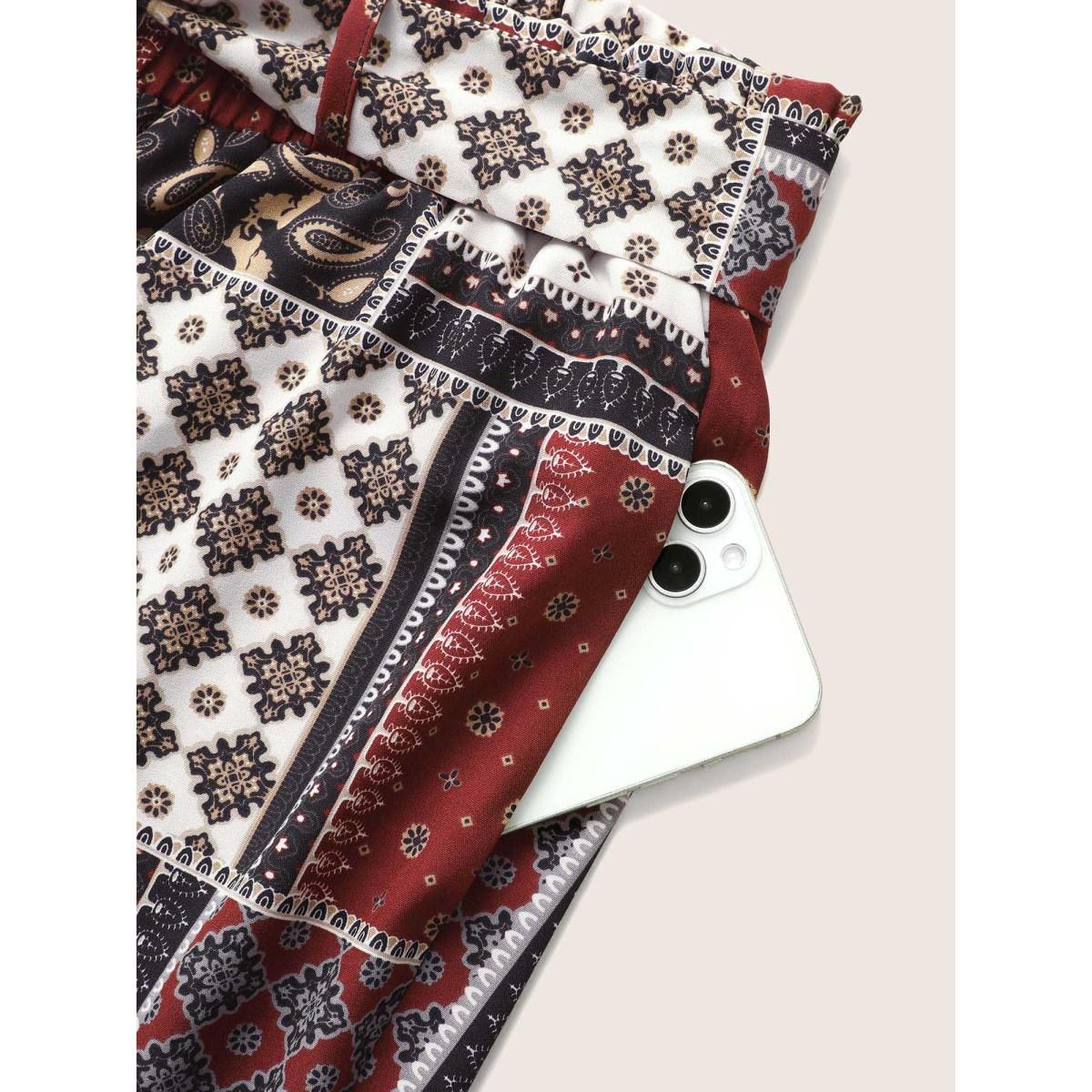 Plus Size Patchwork Floral Belted Wide Leg Pants Women Deepred Resort Wide Leg High Rise Vacation Pants BloomChic 30/6X Product Image